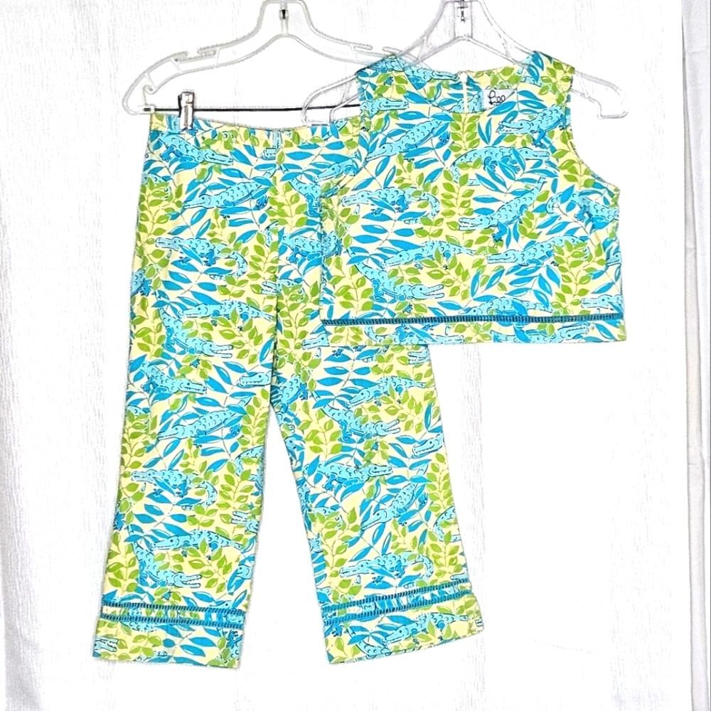 Lilly Pulitzer Mimosa Alligator Vintage Kids Cropped Pants & Top 2 Piece Set - Picture 2 of 13